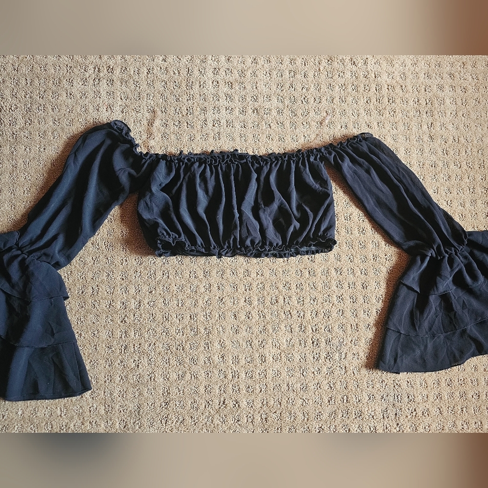Wall St Off the Shoulder Ruffled Crop Top